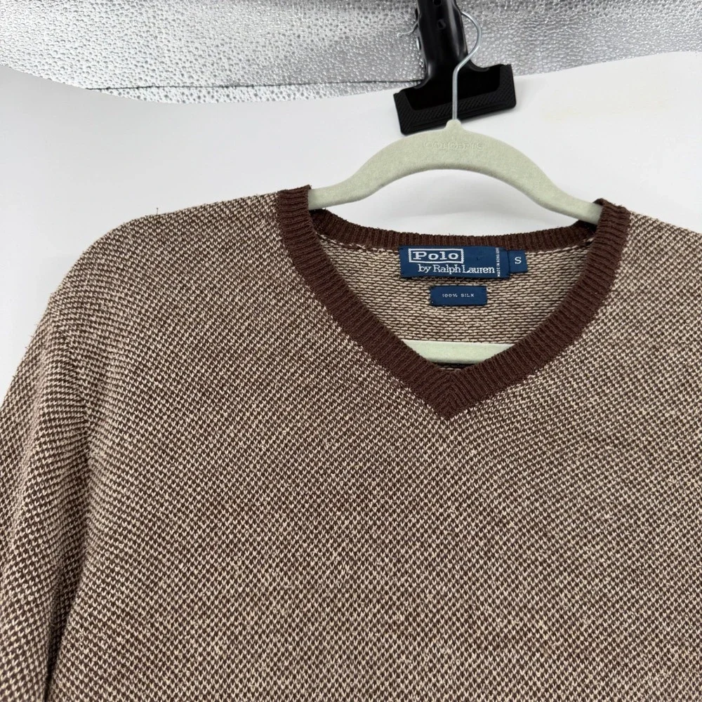 VTG Polo Ralph Lauren Mens Brown Tan 100% Silk V-Neck Knit Sweater Small
